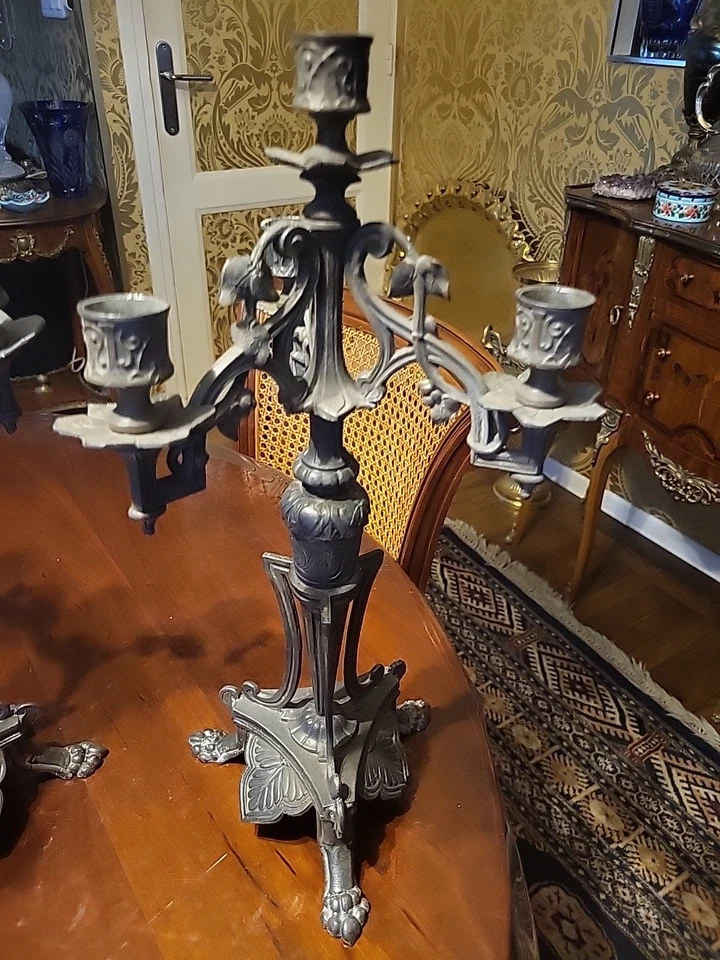 Ancien Chandelier Candélabre Tripode Regule Empire Palmette Retour D Egypte - Photo 3/4