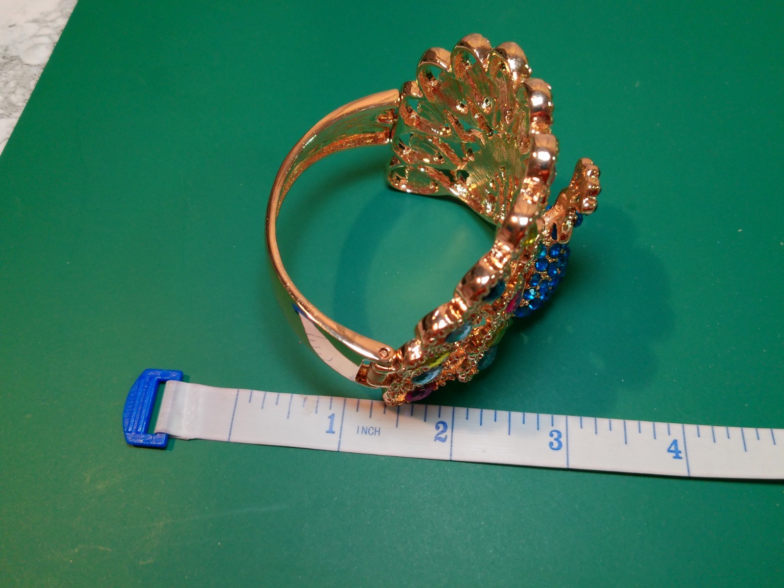 Multi-Colored Rhinestone Peacock Hinged Cuff Brac… - image 7