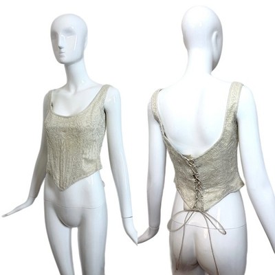 LES HABITUDES 90's Vintage Ivory Silk Hard Boned Corset w. Iridescent Glass Bead
