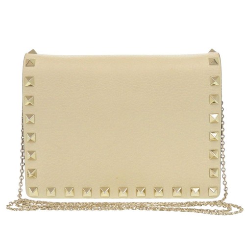 Valentino Garavani Chain Shoulder Bag Leather Beige Gold Chain Used Japan