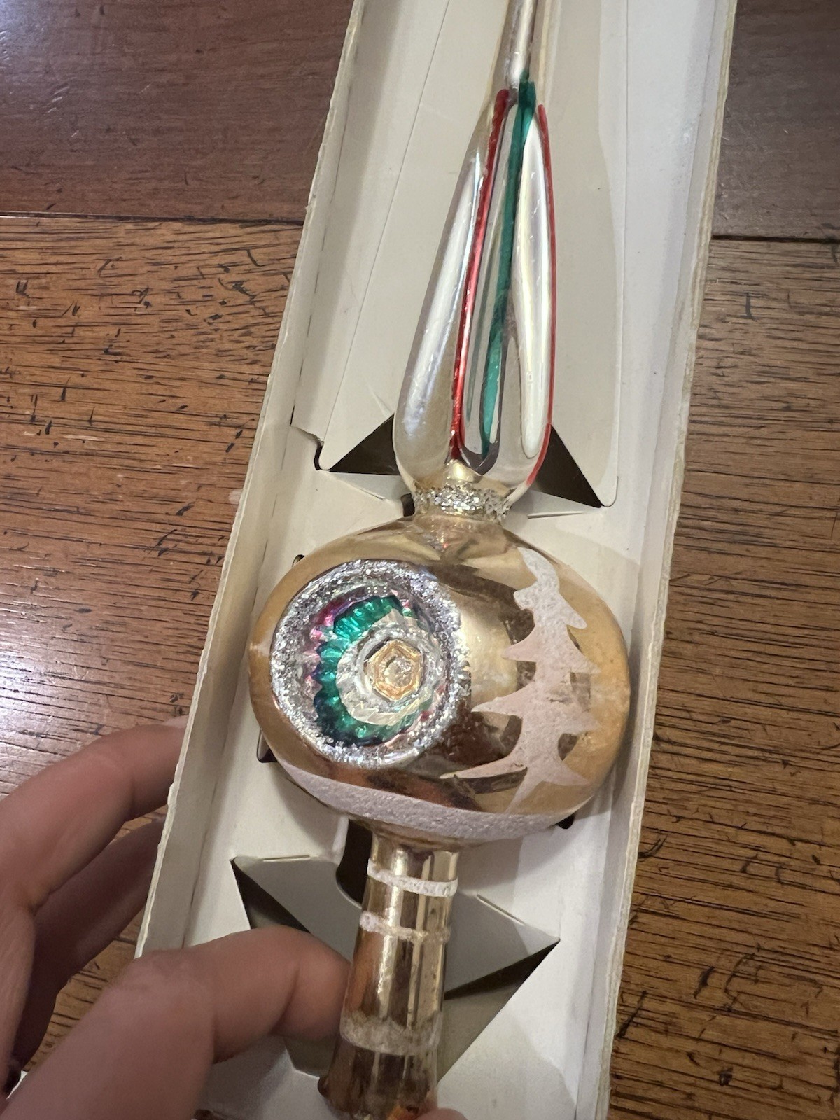 Vintage Glass Mica Triple Indent Fantasia Polish Christmas Tree Topper 11.25”