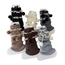 2 Pairs Women Pom Pom Lace Over Knee Leg Warmers Dark Gray  Light Gray