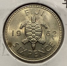 1962 Sixpence Fiji 6 Pence Coin Sea Turtle - BU Uncirculated