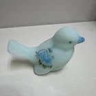 Hand Painted Fenton Glass Bird Figurine Blue Floral Design Signed Kay C