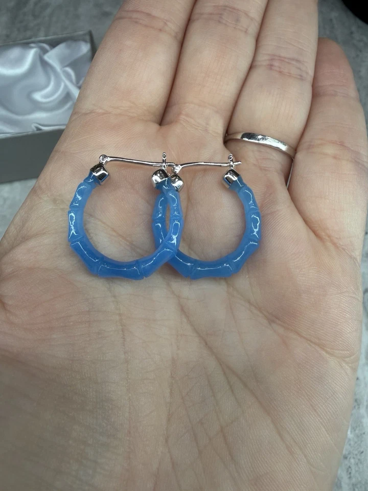 Новый синий нефрит обруч серьги 925 родия покрытием ювелирных изделий камень подарок - Изображение 4 из 4