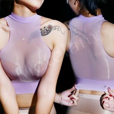 Women's Oil Shiny Glossy See-through Crop Top Stretch Nylon Vest Tank Tops Shirt