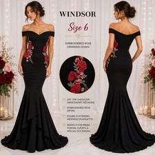 Windsor Women's 6 Black/Red Rose Embroidered Mermaid Off Shoulder Gown