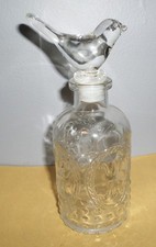 DECORATIVE GLASS BOTTLE WITH GLASS BIRD STOPPER~VINTAGE ??~MEASURES 17 cm tall