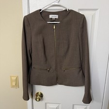 Calvin Klein Women s Brown Peplum Gold Zippers Career Blazer Size 8