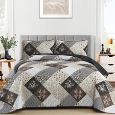 Black Grey Quilt Set Queen Size,Reversible Floral Plaid Patchwork Pattern Bed...