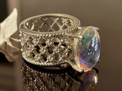 Signed STS 925 platinum n STERLING SILVER RING AB opalescent quartz white zircon