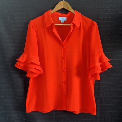 CeCe womens short layered ruffle sleeve button front red shirt blouse M
