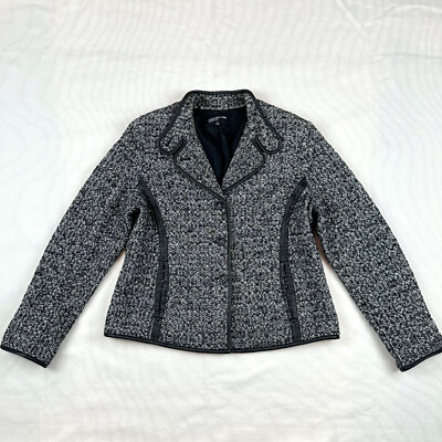 Jones New York Women's Size 12 Jacket Black White Tweed with Leather Ribetes