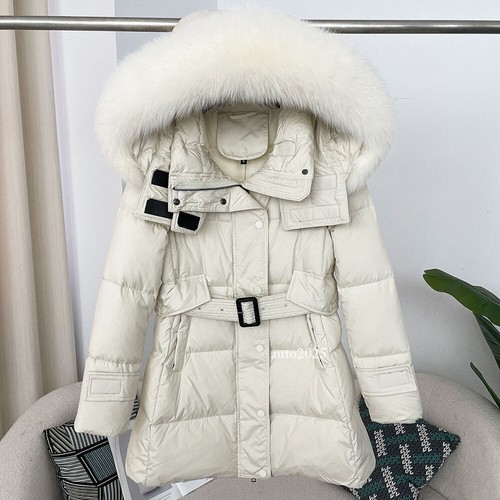 Hooded Raccoon Fur Collar Belt Mid Long 90% White Duck Down Coats Jacket Women - Picture 21 of 29