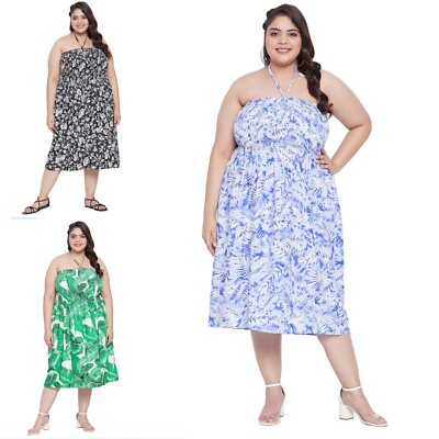 Womens Plus Size Smoked Midi Dress Boho Mini Tube Top off Shoulder Party  Dresses