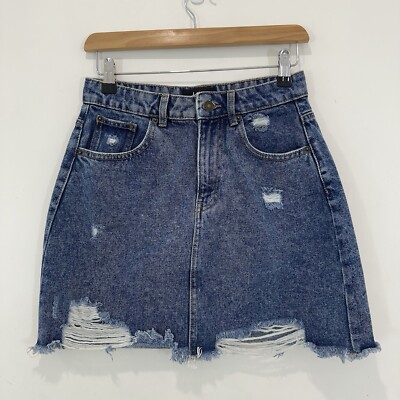 Dotti Denim Mini Skirt Women (70 cm Waist) Blue Distressed