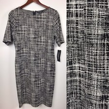Sharagano Sz 10 Black White Graphic Print Stretch Short Sleeve Dress Career Work