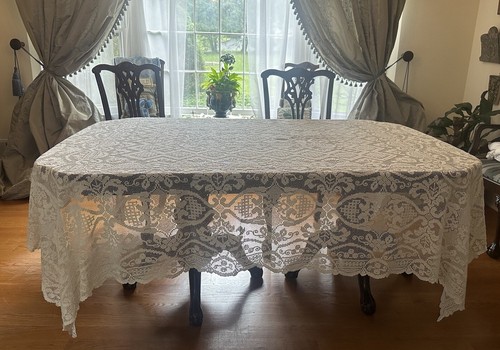Vintage Italy MCM Hand Knotted Lace Tablecloth White Fine 90” X 80” Fine
