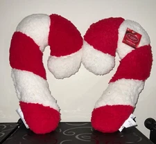 Set of 2 Candy Cane Shaped Christmas Decor Sherpa Throw Pillows  -New
