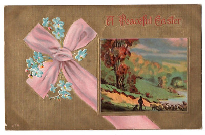 Easter Postcard 1900s  Forget Me Not Pink Bow Gold Foil Picture VTG Embossed 