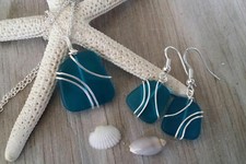 Hawaiian Jewelry Sea Glass Set, Wired Wrapped Teal Necklace Earrings Jewelry