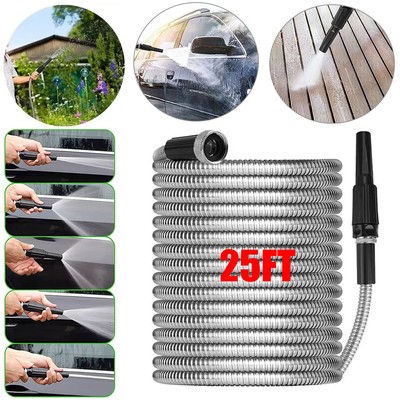 25FT Stainless Steel Metal Garden Water Hose Flexible Heavy Duty Pipe US