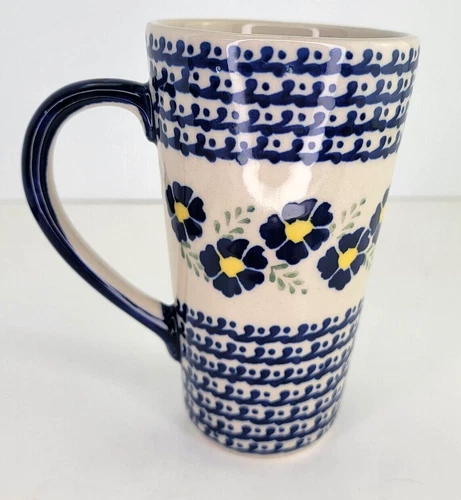 Vintage Boleslawiec Polish Pottery Coffee Mug Ceramic Signed Flower Pattern