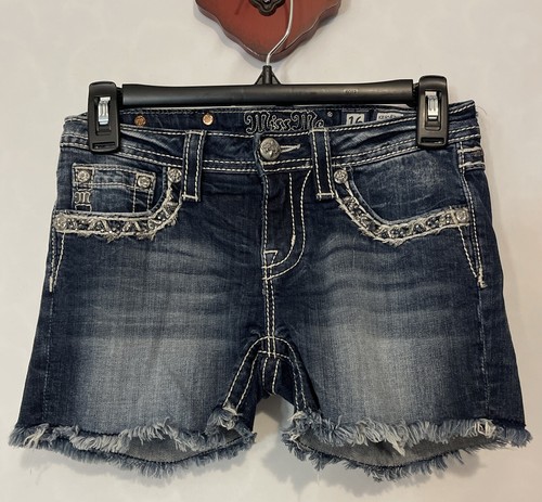 Miss Me Girls Size 16 Blue Denim KE8087H2 Studded Stretchy Logo Shorts! A676 - Picture 5 of 8