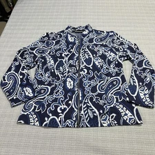 Chicos Sweater Cardigan Womens 2 Medium Paisley Jacket Blue Artistic Grandma