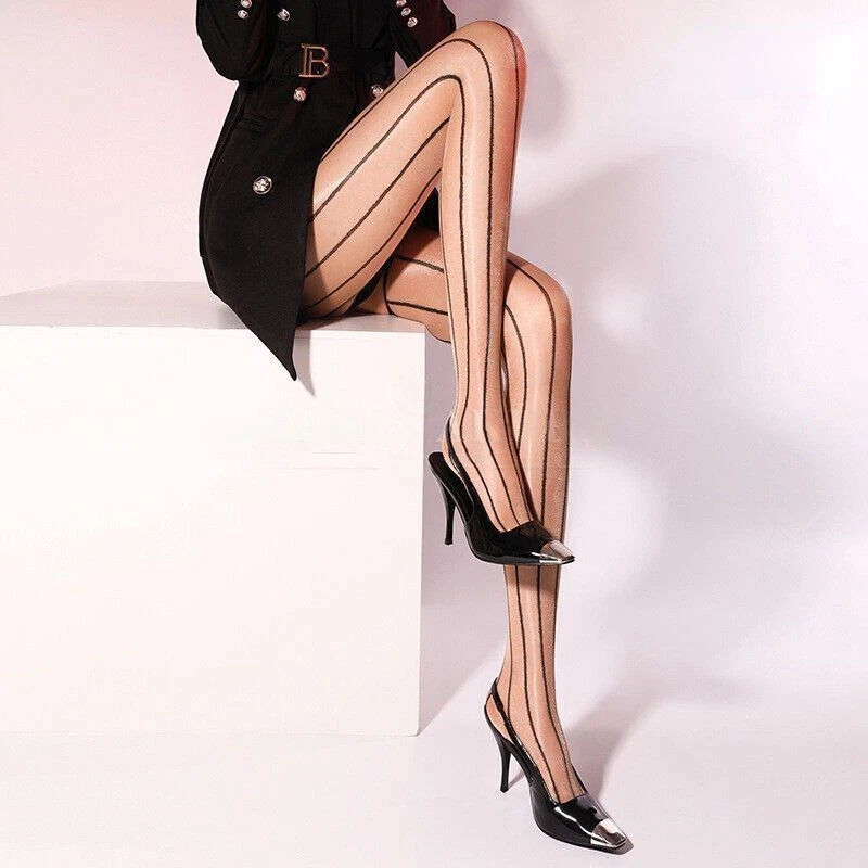 Women's Oily Shiny Open Crotch Pantyhose Vertical Lines Slimming Stockings - Image 2 of 4