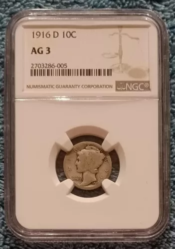 1916-D Liberty Head ("Mercury") dime, NGC AG3, with much GOOD quality
