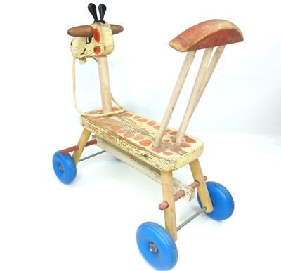 Playskool Giraffe Ride On Scooter Wood Vintage 1960s Pull Rope