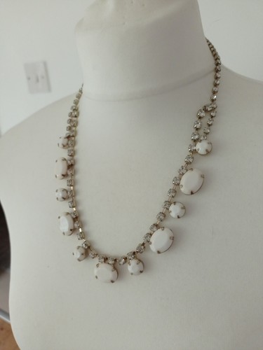 NEXT Light Gold Tone Clear Rhinestones & White Acrylic Beaded Necklace-54cm Long - Picture 3 of 8