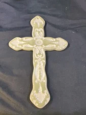 Ceramic Hanging Cross Wall Decor Hand Painted Carved Sage Green White 10"X 6”
