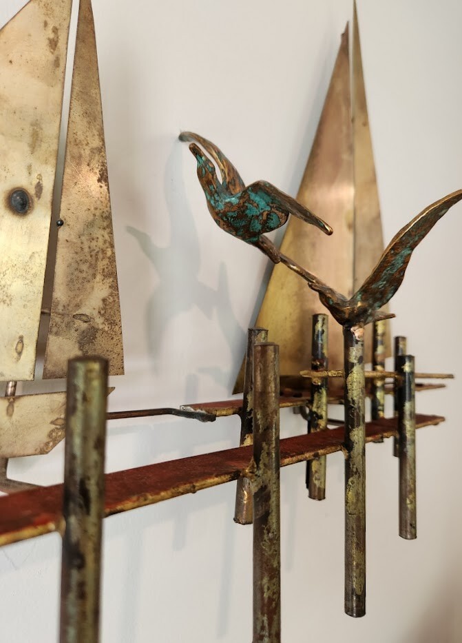 カーティスジェレ1987サイン入り彫刻c.jere ウォールスカルプチャーヨット Signed Curtis Jere Metal Sailboat Yacht Wall Sculpture