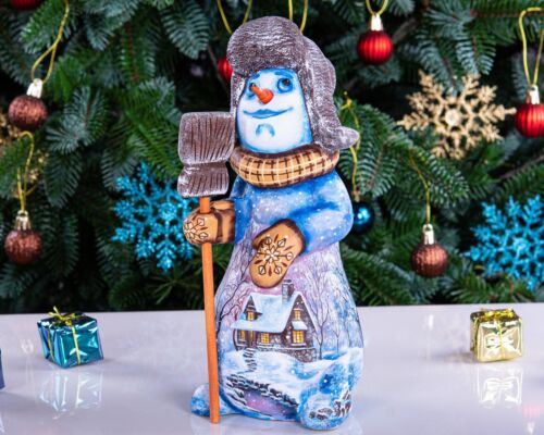 Wooden hand carved Snowman figurine 9" handmade Home Christmas decoration - Picture 2 of 11