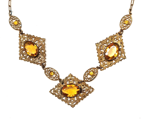 Vintage Victorian Revival Brass Filigree Necklace w/ Amber Yellow Glass, 16.5" - 第 1/8 張圖片