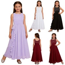 Kids Girls Gown Trim Maxi Dress Prom Formal Dresses Graduations Party Elegant