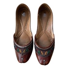 Women's Handmade Brown Leather Indian Mojari Jutti Embroidered Flats Shoes Sz 7