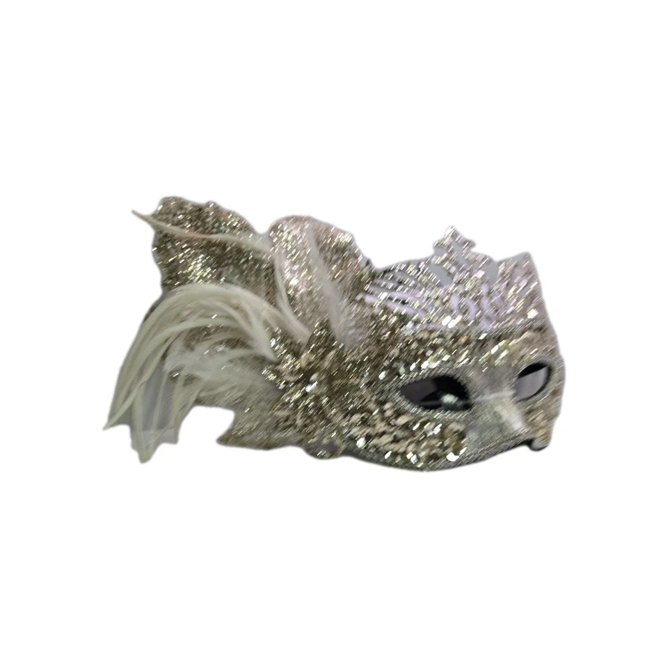 Gold Mardi Gras Glitter Party Masquerade White Feather Women Eye Mask - Image 2 of 4