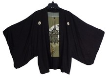 Antique Mens Kuro Montsuki Haori Kimono Silk Basho Haiku Lining Hand Sewn Taisho