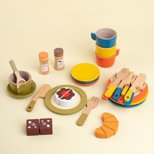 Wooden Toy Plates Dishes Cups Color Matching Spoons Pretend Play Playset Play