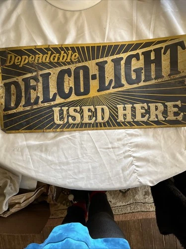 Dependable Delco-Light Used Here Vintage Original Patina Metal Sign 9 x 19.5