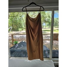 Forever 21 M Satin Bronze-Brown Cowl Neck Midi Slit Dress