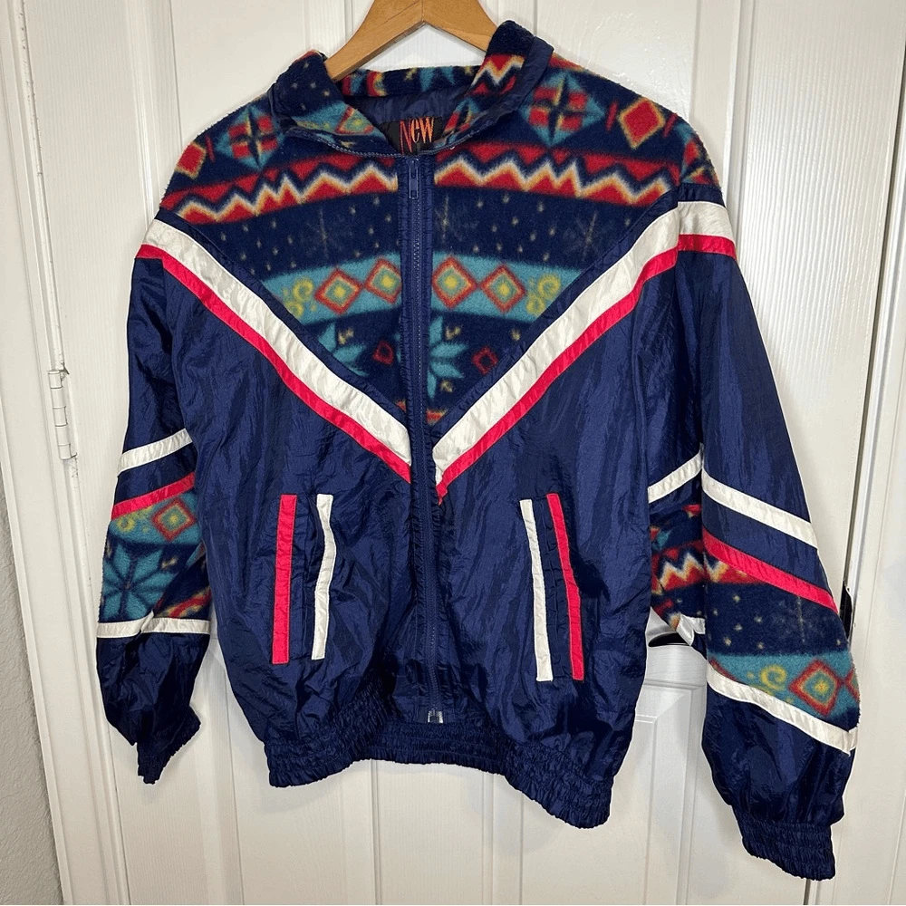 VTG New York Classics Nylon Fleece Striped Mixed Media Windbreaker Sz M Retro