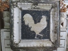 Old Architectural Chippy CEILING TIN with PAINTED ROOSTER White Black FARMHOUSE