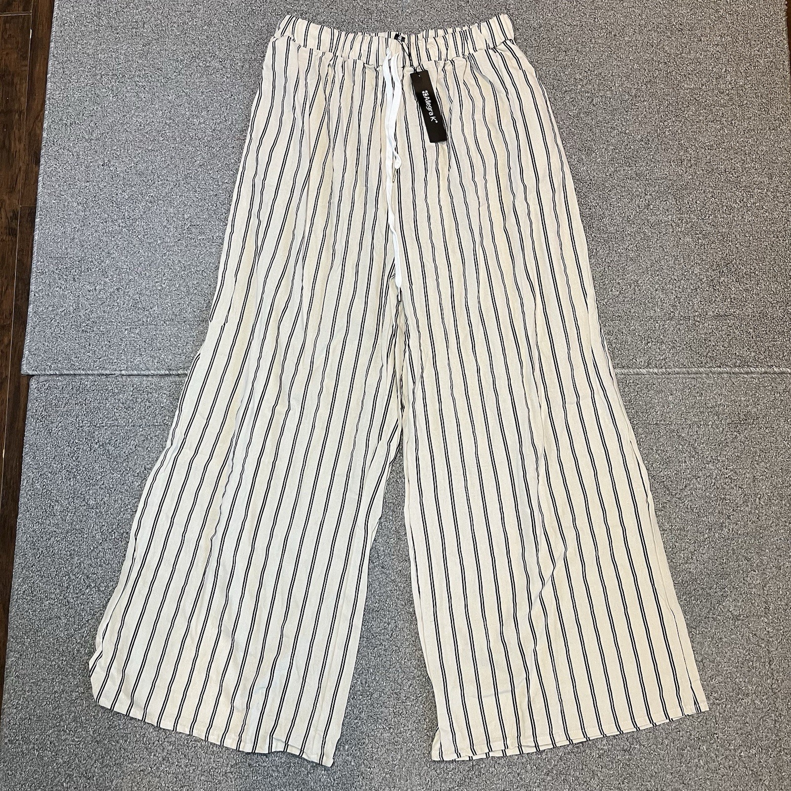 Allegra K Striped Drawstring Waist Wide Leg Pants Womens Size Large Beige NWT