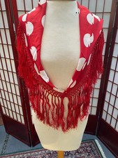 Flamenco Shawl Mantoncillo Pico Fleco, Color Red/White Polka dots, Fancy Fringe