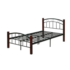 HODEDAH Bed Frame Twin Metal Mahogany Posts Headboard Footboard No Box Spring