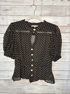 Nanette Lepore 100% silk puff short sleeve top Size 8 Black With White Polka Dot